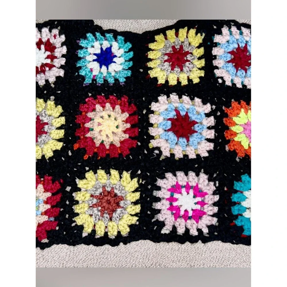 Handmade Crochet Granny Square Tote Bag Purse Bold Multicolor 70’s Hippie Boho